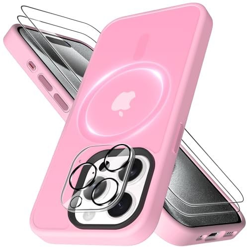 Mootobo for iPhone 15 Pro Case 4 in 1 Magsafe Built-in 2 HD Screen Protectors and 1 HD Lens Protector, Compatible with Magsafe Wireless Charging for iPhone 15 Pro 6.1 inch - Pink