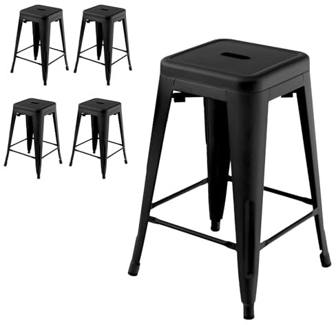 COSTWAY Lot de 4 Tabouret de Bar Empilable, Chaise de Bar en Métal Industriel avec Repose-Pied, Hauteur 61 CM, Aucun Assemblage, Charge 150kg, pour Salle à Manger, Cuisine, Bistro (Noir)
