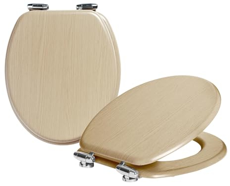 Harbour Housewares Soft Close Toilet Seats - Light Oak - Pack of 2 - Oval-Shaped Wooden Toilet Seat Antibacterial Loo Lid with Universal Chrome Hinges, Fixings & Fittings