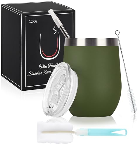 Joymaking 12oz Insulated Stainless Steel Wine Tumbler with Lid and Straw, Double Walled Wine Glass Tumbler Gift for Women, Great for Hot & Cold Drinks -Wine, Champagne, Coffee, Ice Cream, Army Green