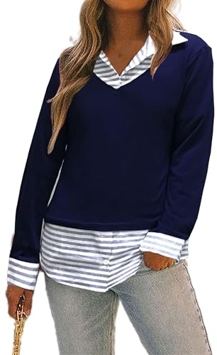 Oyamiki T-shirt à manches longues pour femme en coton avec col de chemise - Tricot à col en V - Décontracté et élégant - Pour l'automne et l'hiver, Rayures bleu marine, XXL
