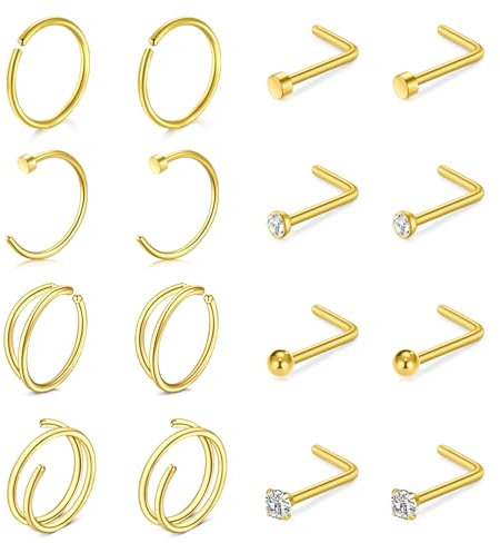 FORYOU 20G Gold Nasenstecker Nasenpiercing Chirurgenstahl Nase Stecker mit Strass Nase Piercing Set