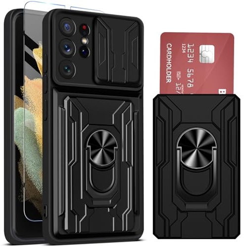 Ailicici für Samsung Galaxy S21 Ultra Hülle mit 2 Schutzfolie,Schutzhülle für Samsung S21 Ultra mit Kameraschutz & Kartenschlitz 360° Metall Ring Ständer Stoßfest Bumper Case, S 21 Ultra Handyhülle 5G