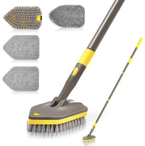 NEWE Bathroom Cleaning Brush, Shower Scrubber, 142 cm Telescopic Long Handled Scrubbing Cleaner Mop, 4 Scrub Heads for Bathtub Tile Floor Baseboard Sink Kitchen Toilet