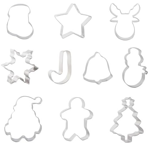 Cortadores de galletas de Navidad, Fyvadio 10 Pcs Holiday Cookie Cutters Forma - Árbol, Copo de Nieve, Bastón, Cara de Papá Noel, Estrella, Ciervo, Campana y más Cortadores de Galletas para Hornear