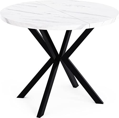 WFL GROUP Runder Ausziehbarer Esstisch in Weißer Marmoroptik - Loft Style Tisch mit Metallbeinen - 120 bis 200 cm - Industrieller Tisch für Wohnzimmer - Spacesaver - Marmor Weiß - 120 cm