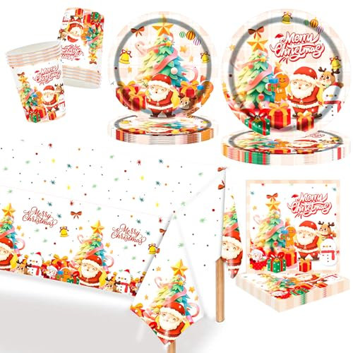 MORAINJAY Set de 69 piezas de vajilla de papel para fiesta navideña, decoración de mesa con estampado de Papá Noel y muñeco de jengibre, vasos, platos y servilletas para Nochebuena en casa