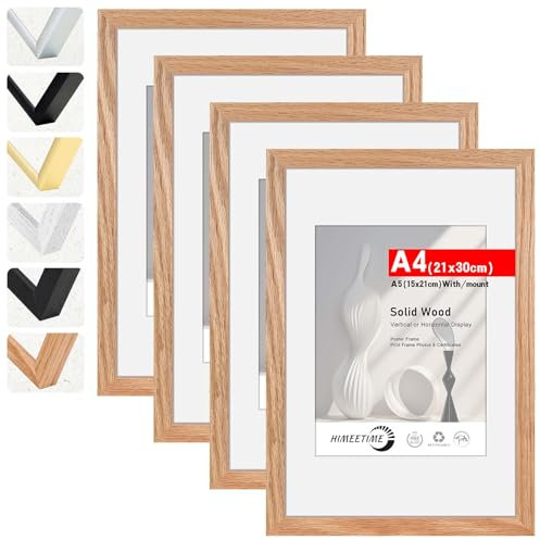 HIMEETIME® 4x Bilderrahmen DIN A4 21x30 cm,aus massivem Eichenholz,Natur Eiche Holz Rahmen | Display A5(15x21cm) Bild mit Passepartout |für Wandbehänge oder Tischdekoration