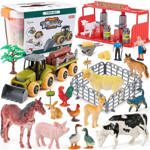 vamei Bauernhof Tiere Figuren Spielzeug ab 3 Jahre mit Traktor Spielzeug mit Anhänger, 12 Tierfiguren Set Zaun Kuhstall Mähdrescher Spielzeug, Bauernhof Kinder Spielzeug Geschenk 3 4 5 6 Jahre
