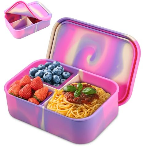 MICHIHOMIE Fiambrera infantil con compartimentos, 1200 ml, de silicona, resistente a roturas y a prueba de fugas, para niñas y niños, sin BPA, fiambrera para escuela, pícnic (rosa)