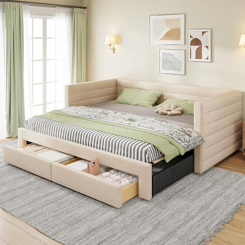 Cama tapizada 3 en 1 sofá cama extensible 90 x 190 cm, cama multifunción con cajones, convertible en cama individual o doble con somier de láminas, algodón y lino (colchón no incluido) (beige)
