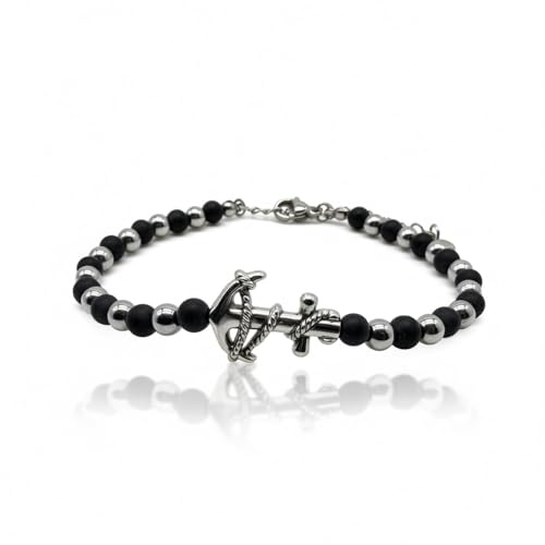 DEIMODRA Bracciale Ancora in Acciaio Braccialetto a Catena di Perline colore Nero e Argento