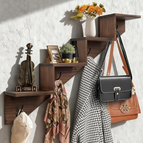 Hookmous Coat Rack Wall Mount with Shelf, Brown Wall Shelf with Hooks, Sturdy​​ Wooden Rise Staircase Shelves, Space-Saving Decorative Organizer for Entryway, Mudroom, Hallway, Living Room, Bedroom