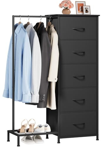 Somdot Kommode mit Kleiderstange, 5 Schubladen, Schuhablage, Schwarz | Komodenschrank, Stoffschubladen, Wohnzimmer, Schlafzimmer, Holzwerkstoffplatte, Metallrahmen, Zuggriffe, 30T x 79B x 114,5H