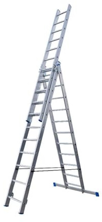 Bayersystem BS-DW 3x11 Mehrzweckleiter, 3x11 Sprossen, 3-teilige Alu-Kombileiter, bis 150 kg belastbar, max. Arbeitshöhe 6,98 m, Klappleiter, Multifunktionsleiter, Stehleiter, Silber/Blau