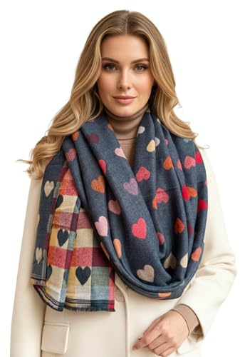 The Accessory Co. Womens Blanket Scarf, Heart Tartan Scarves Checked Plaid, Thick Warm Ladies Scarves, Long Large Oversized Soft Shawl Wrap, Gifts for Women, Winter Scarf