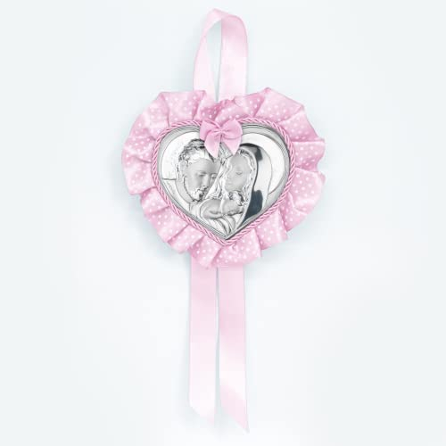 Albalù Italia Sopraculla Medaglione Cuore Sacra Famiglia Argento Rosa con Carillon Musicale e Scatola Inclusi Misura 25x12cm Made in Italy