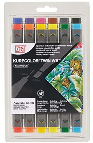 Zig KC3000N12B1 Kurecolor Basic Twin Ws Marker Set - 6.5mm & 1mm, Set of 12, Twin Tip