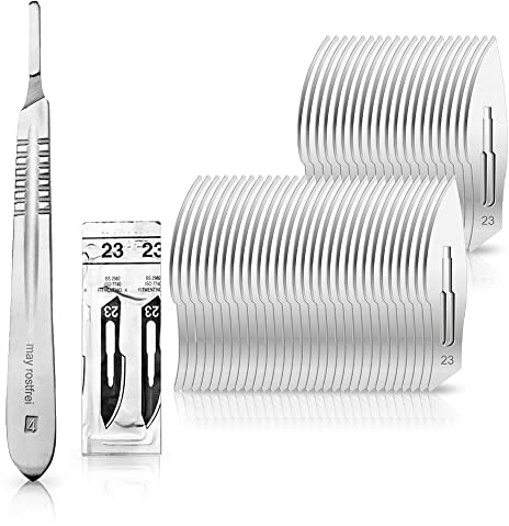 Set avec 50 x lames de scalpel N° 23 - Lame stérile en acier au carbone et 1 x May - manche de scalpel Figure N° 4 en acier inoxydable
