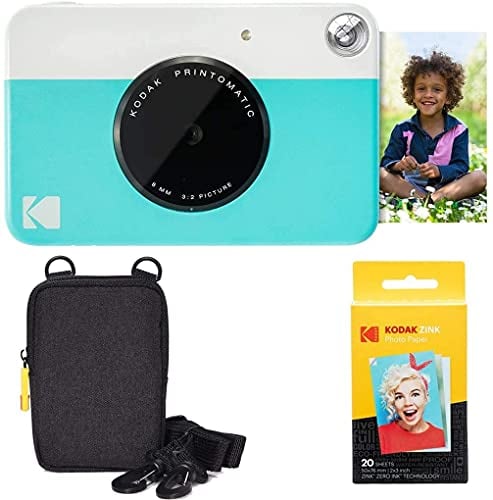 KODAK Printomatic Sofortbildkamera (Blau) Basis-Paket + Zinkpapier (20 Blätter) Etui + Bequemer Halsriemen