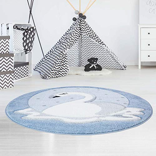 Kinderteppich Schwan Blau - 160 cm Rund - Teppich Tier-Motiv Kinderzimmer für Mädchen und Jungen