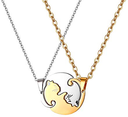 JewelryWe Schmuck 2pcs Paare Halskette Edelstahl Tai Chi Yin und Yang Anhänger Kette Katze Puzzle Partner-Anhänger Freundschaftsketten Partnerketten für Herren Damen, Silber Gold
