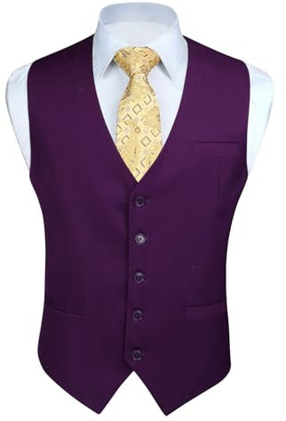 HISDERN Chaleco Hombre de Traje Chalecos Morados de Vestir Formal Fiesta Boda Para Hombres Chaleco de Algodón de Color Solido,Púrpura,XL