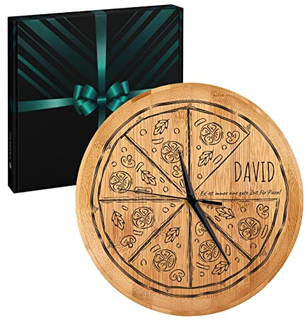 Maverton Vintage Wanduhr + Aufdruck - mit AA-Batterie betrieben - Durchmesser: 26cm - Uhr aus Bambus - Holz - Geschenk für Männer zum Geburtstag - Pizza
