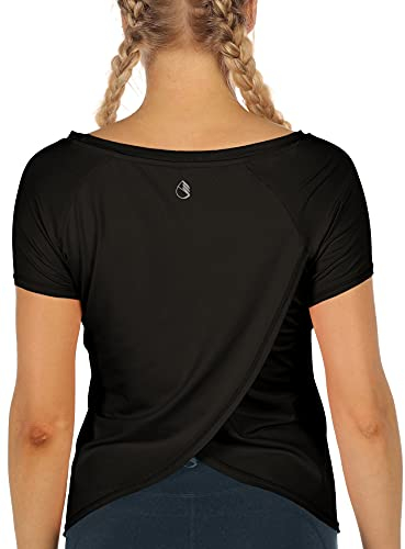 icyzone Damen Sport T-Shirt Kurzarm Yoga Top Schnell Trocken Elastisch Fitness Gym Oberteile (XL, Black)