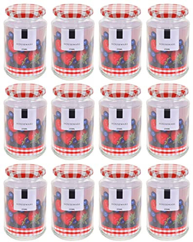 MIK funshopping Lot de 12 pots à confiture en verre avec couvercle à carreaux (370 ml)