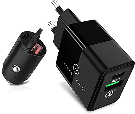 Wicked Chili 20W Dual USB Netzteil und 30W Dual KFZ USB Ladegerät kompatibel mit iPhone 14, 13, 12, 11 (Pro, Max, Plus, Mini) XS, X, 8 SE 2020 und geeignet für Samsung Galaxy - 50W Fast Charge Set