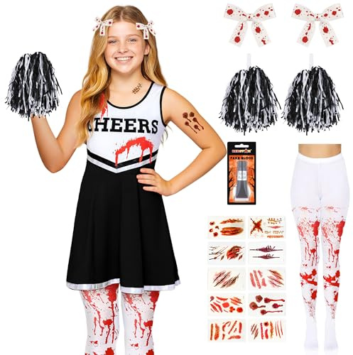 REDSTAR 6pc Girls Zombie Cheerleader Costume for Girls Halloween Costumes with Pom Poms, Fake Blood, Blood Stained Tights Kids - Dead Cheerleader Halloween Outfit Kids Zombie Fancy Dress Outfit