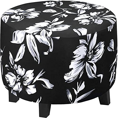 YCDZSW Stretchhusse für Ottomane, runder Fußhocker, aus Spandex-Jacquard-Stoff, waschbar, mit elastischer Unterseite, Schwarz, Größe M