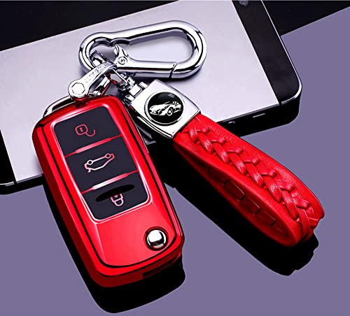 RXXR Autoschlüssel-Hülle mit Schlüsselanhänger, kompatibel für Touran G-o-l-f 4 5 6 Je-tt-a MK4 B-o-r-a Polo Soft TPU Vollschutz 3 Tasten Autoschlüssel Shell Cover Protector Rot
