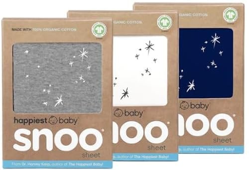 Happiest Baby SNOO Bassinet Fitted Sheet - 100% Organic Cotton Nursery Bedding - Fits SNOO Sleeper Crib Mattress - 3-Pack Bundle (White, Grey, Navy)