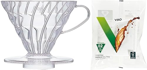 Coffee Dripper Kit - Plastic V60 Size 02 +100 Filter white Papers & Measuring Scoop, Transparent