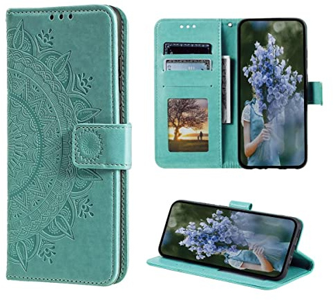 CoverKingz Handy Hülle kompatibel mit iPhone 14 Plus - Handyhülle mit Kartenfach Bookcover Case - Handy Tasche klappbar Motiv Mandala Grün