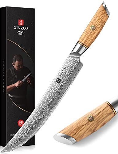 XINZUO 25.3cm Tranchiermesser Damaststahl Fleischmesser, Multifunktions Kochmesser Professionelles Scharf Geschmiedet Damastpulverstahl Grillbesteckmesser, Olivenholz Griff -Exquisite Geschenkbox