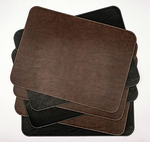 Tischset 6er Pack aus PU Leder | doppelseitig vegan wasserfest abwaschbar Kunstleder Lederoptik Platzset Platzdeckchen Set 40 x 30 Vintage (Nachtschwarz, Barrique)