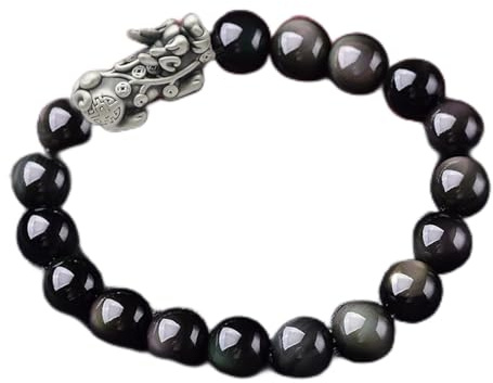 Feng-Shui-Armband, natürliches schwarzes Obsidian-Armband mit antikem Silber, Pixiu-Drachen-Armband, Reiki-Chakra, Talisman, Edelstein-Armband, Reichtum, Glücksamulett, Meditationsschmuck, Unisex, 14