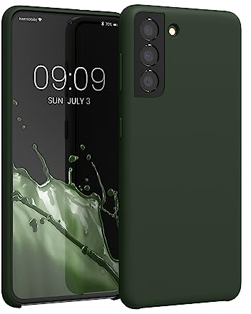 kwmobile Hülle kompatibel mit Samsung Galaxy S21 Hülle - Silikon Handy Case - Handyhülle weiche Oberfläche - kabelloses Laden - Dunkelgrün matt