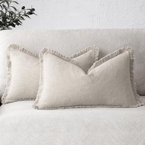 Foindtower Set mit 2 dekorativen Leinen-Fransen, Lendenwirbel-Kissenbezüge, Boho-Kissenbezüge mit Quasten, gemütlicher Akzent, Kissenbezug für Sofa, Bett, Wohnzimmer, 28.9x48.9 cm, natürliches Beige
