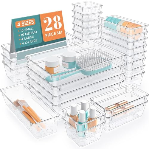 StorMiracle Lot de 28 organiseurs de tiroir en plastique transparent - 4 tailles - Pour maquillage, bijoux, ustensiles de cuisine, gadgets et accessoires de bureau