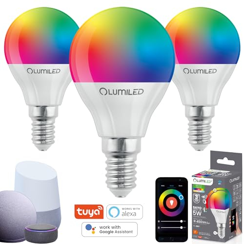 Lumiled 3x Smart SAYO P40 LED Lampe E14 5W (40W) 450lm WLAN Dimmbar Mehrfarbig RGBW Wifi Glühbirne Timer Smart home 16 Mio. Farben App Steuerung kompatibel mit Amazon Alexa Google Assistant Tuya