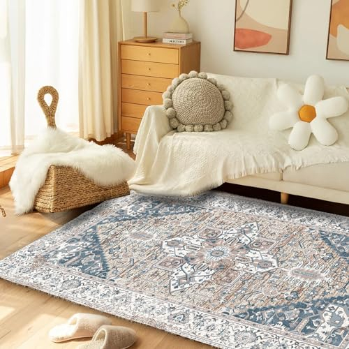 Waschbarer In-& Outdoor Teppich - Balkon, Terrasse, Küche, Modernes Boho Ethno Muster für Wohnzimmer, Schlafzimmer (Vintage Blau, 60 X 90 cm)