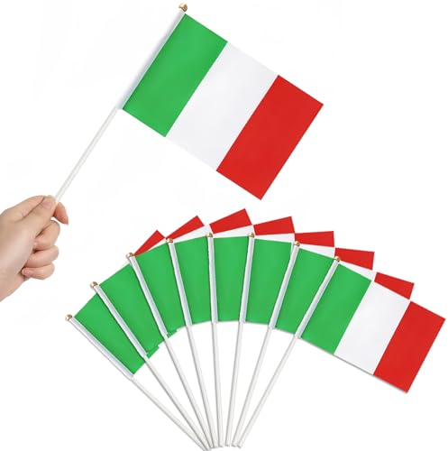 40 Pezzi Bandiere a Manovella Italiane.Bandiere dell'Italia a Manovella. Piccola Bandiera Italiana con Asta.Bandiere a Mano per Feste,Sfilate,Eventi Sportivi.Bandierina dell'Italia 21 x 14 cm