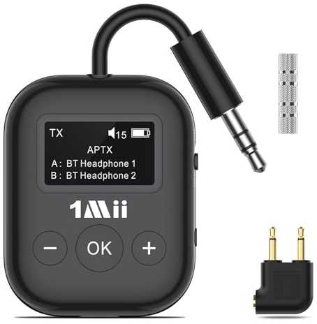 1Mii Trasmettitore Bluetooth 5.3 per TV/Aereo a 2 Cuffie con aptX Bassa Latenza, Adattatore Bluetooth Audio Jack Aux 3,5 mm con Schermo OLED, Controllo del Volume, Batteria da 25 ore per Viaggio