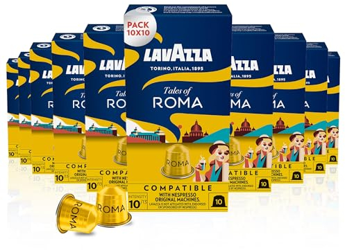 Lavazza, Tales of Roma, 100 Capsules Café Compatibles avec les Machines Nespresso Original, Notes de Noisettes et Chocolat Noir, Arabica et Robusta, Intensité 10/13, Torréfaction Moyenne, 10 Paquets