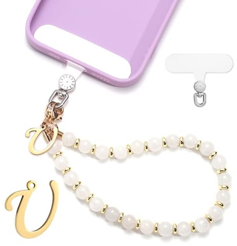 lasuroa 1 Set Handyband mit Perlen, Initialen Handyanhänger Band Abnehmbar Handykette mit Handyband Patch Freihändig Handyarmbandkette für Frauen Mädchen Geschenk (Buchstabe U)