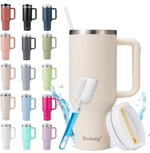Bukaty Thermobecher mit Strohhalm und Henkel 40oz/1.2L,Großer Trinkbecher mit Deckel und Strohhalm,Kaffeebecher to go Thermo,Edelstahl Vakuum Isolierbecher Tragbare Autobecher für Kalte Heiße Getränke